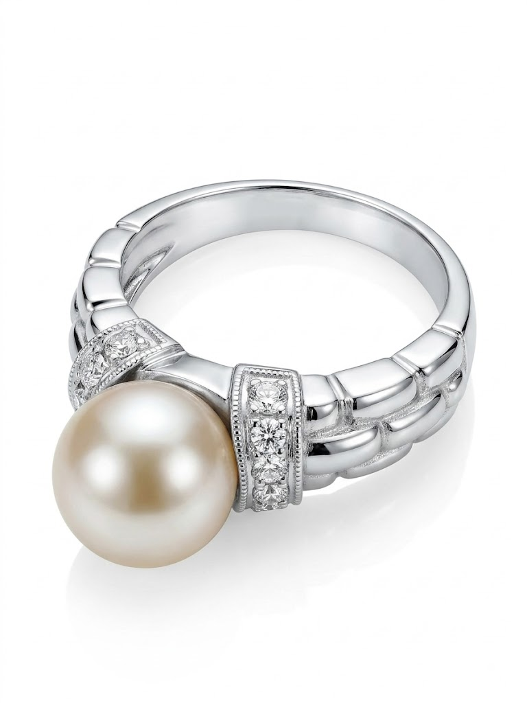 18K Yellow Gold Diamond & Cultured Pearl Ring Jewellery